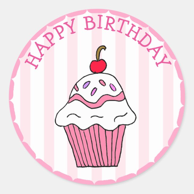 Niedlich Pink Birthday Cupcake Runder Aufkleber (Vorderseite)