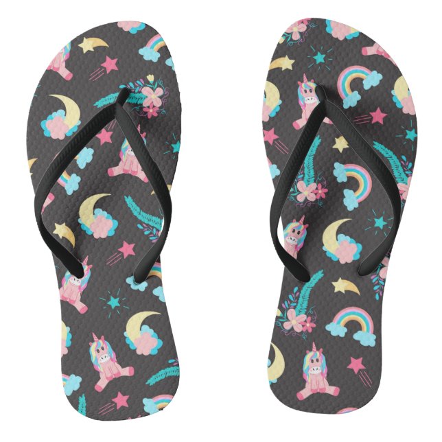 Niedlich Pink Black Unicoron Rainbow Floral Stars Flip Flops (Fußbett)
