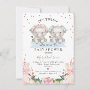 Niedlich Pink Blue Floral Twin Elephants Babydusch Einladung