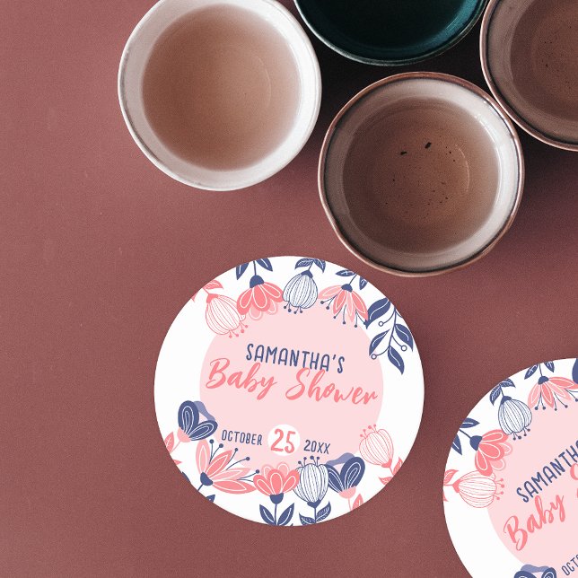 Niedlich Pink Blue Flowers Botanical Baby Dusche Runder Pappuntersetzer (Von Creator hochgeladen)