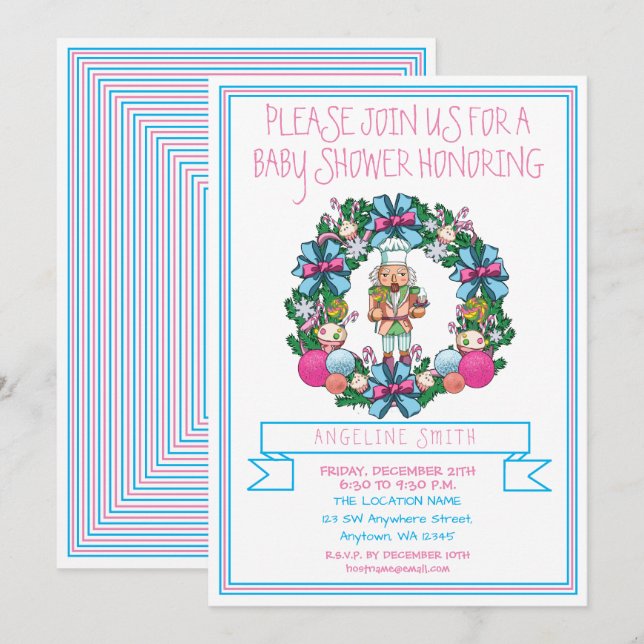 Niedlich Pink Blue Nutcracker Wreath Babydusche Einladung (Vorne/Hinten)