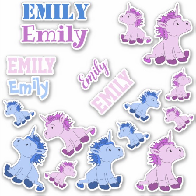 Niedlich Pink Blue Unicorns Kinder Name Aufkleber (Vorderseite)