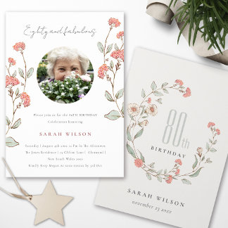 Niedlich Pink Blume Wreath Foto 80. Geburtstag Ein Dankeskarte