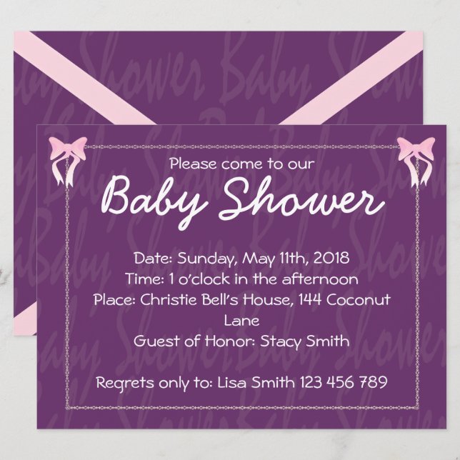 Niedlich Pink Bow Baby Girl Dusche Lila Einladung (Vorne/Hinten)