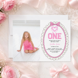 Niedlich Pink Bow Coquette 1. Geburtstag Foto Einladung