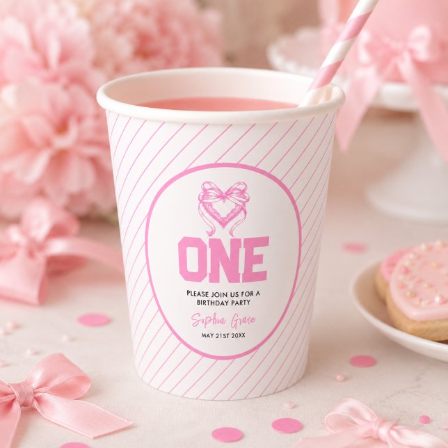 Niedlich Pink Bow Coquette 1. Geburtstag Pappbecher (Cute Pink Bow Coquette 1st Birthday Paper Cups)