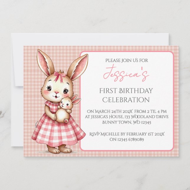 Niedlich Pink Bunny 1. Geburtstag Party Einladung (Vorderseite)