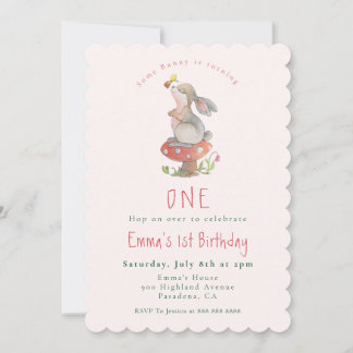 Niedlich Pink Bunny 1. Geburtstags-Einladung Ankündigung
