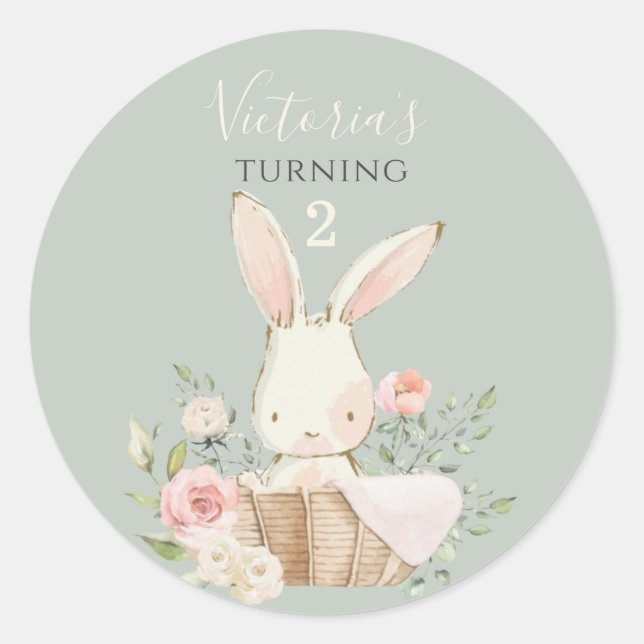 Niedlich Pink Bunny 2 Two Birday Green Runder Aufkleber (Vorderseite)