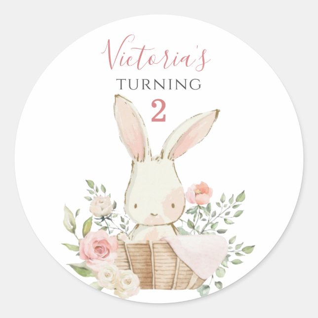Niedlich Pink Bunny 2 Zwei Geburtstage Runder Aufkleber (Vorderseite)