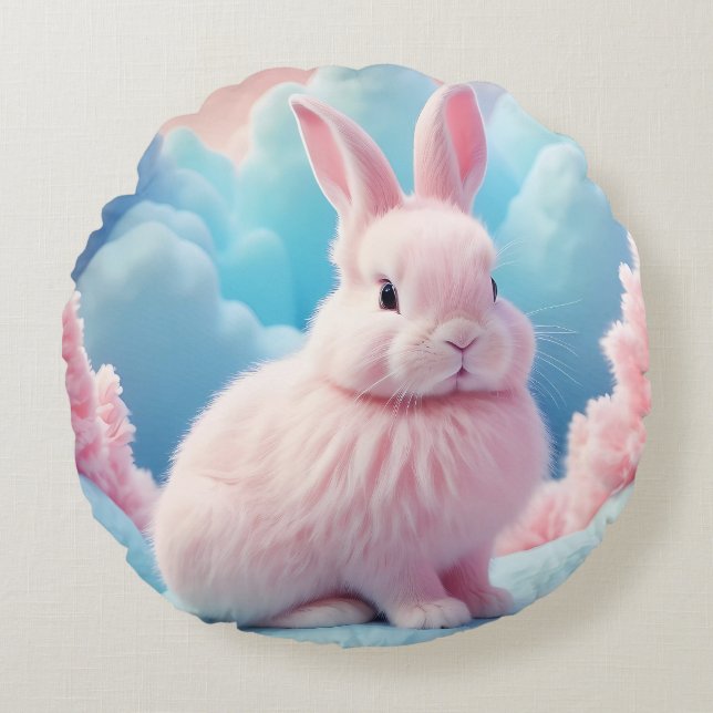 Niedlich Pink Bunny Cotton Candy Clouds Rundes Kissen (Vorderseite)