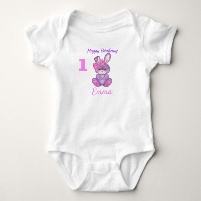 Niedlich Pink Bunny Girls Geburtsname & Alter Baby Strampler (Vorderseite)
