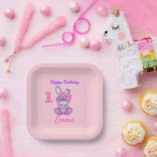 Niedlich Pink Bunny Girls personalisieren Geburtst Pappteller