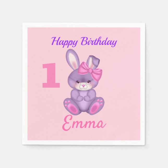 Niedlich Pink Bunny Girls personalisieren Geburtst Serviette (Vorderseite)