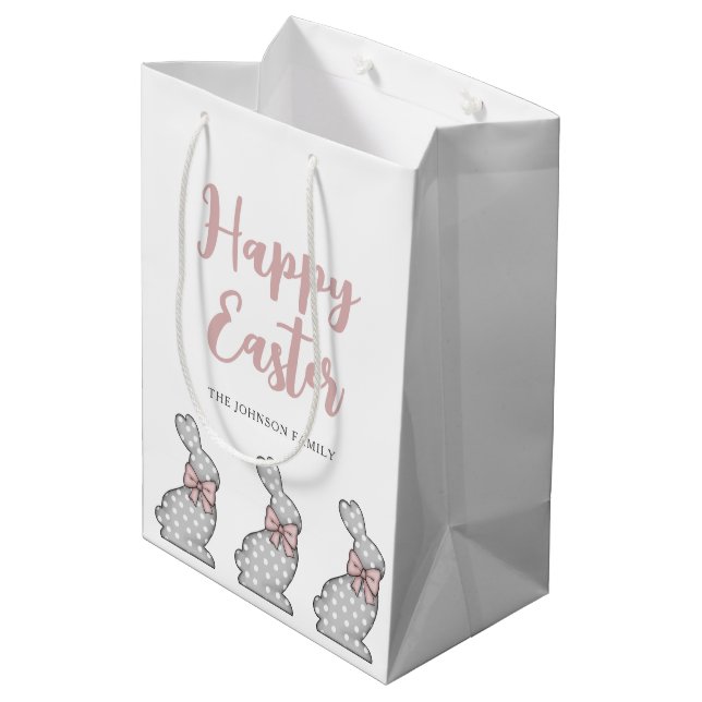 Niedlich Pink Bunny Happy Oster Mittlere Geschenktüte (Rückseite Schrägansicht)