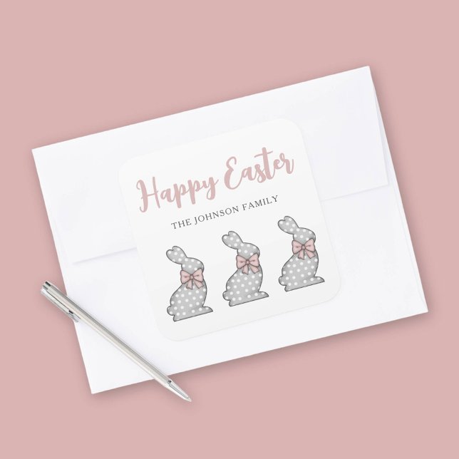 Niedlich Pink Bunny Happy Oster Quadratischer Aufkleber (Cute Pink Bunny Happy Easter Square Sticker)