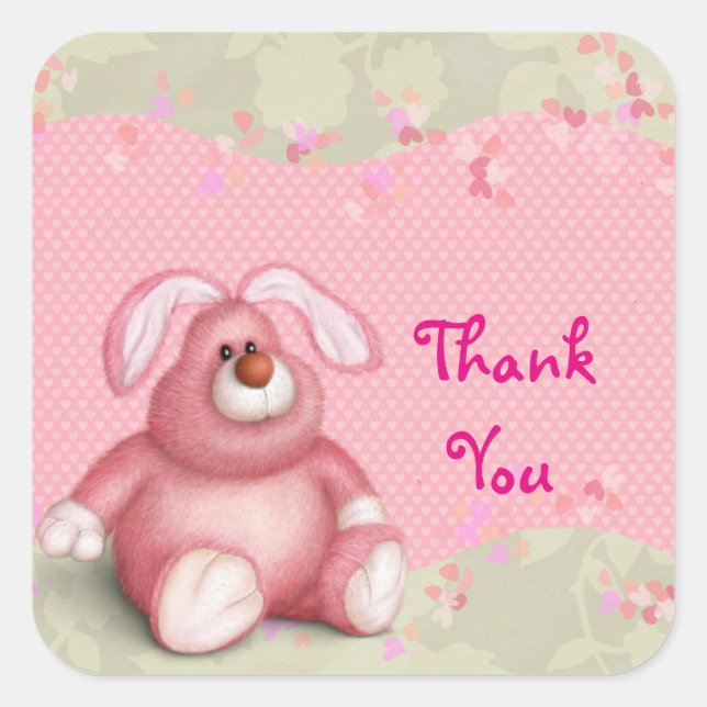Niedlich Pink Bunny mit Herz Danke Quadratischer Aufkleber (Vorderseite)