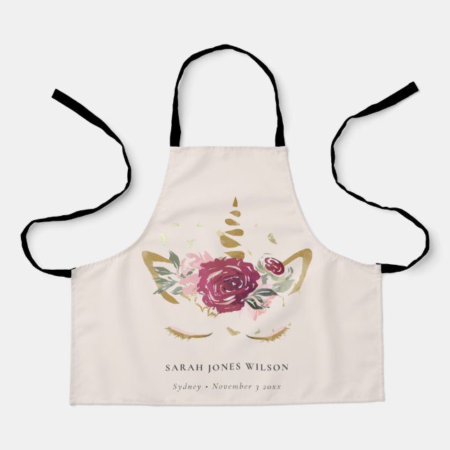 Niedlich Pink Burgundy Imitate Gold Floral Einhorn Schürze (Vorderseite)