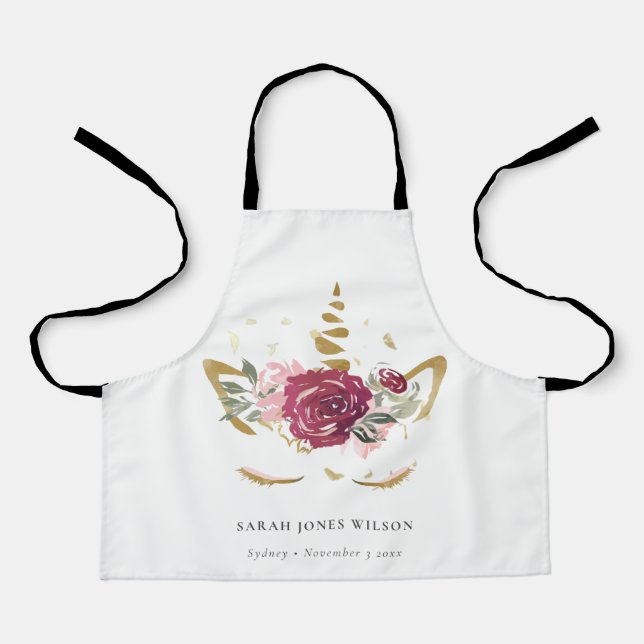 Niedlich Pink Burgundy Imitate Gold Floral Einhorn Schürze (Vorderseite)