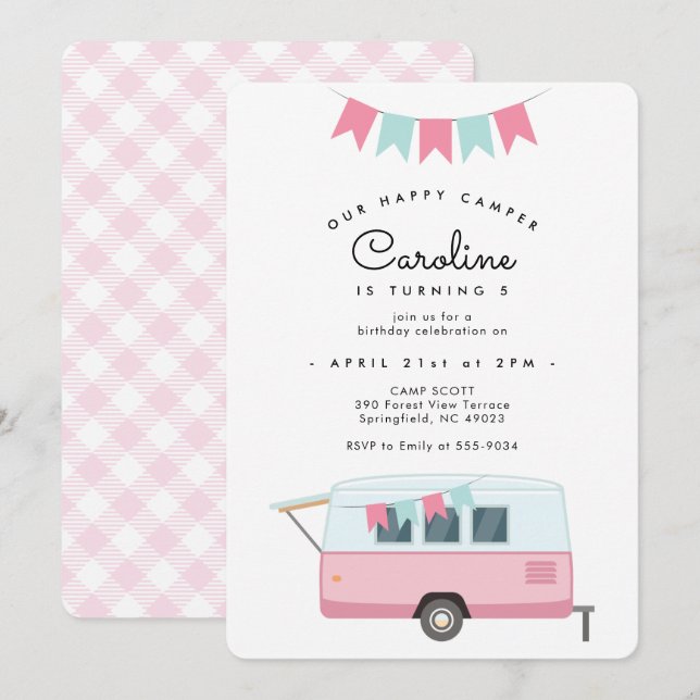 Niedlich Pink Camping Happy Camper Geburtstag Einladung (Vorne/Hinten)