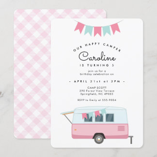 Niedlich Pink Camping Happy Camper Geburtstag Einladung