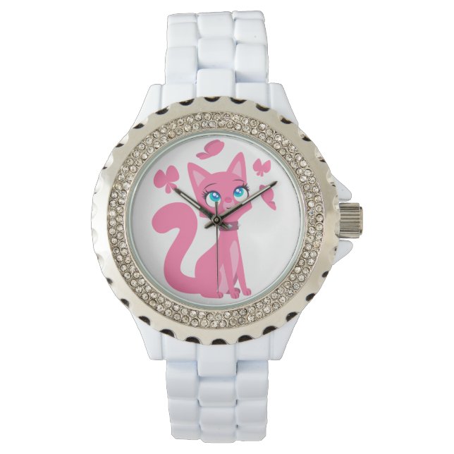 Niedlich Pink Cartoon Katze und Schmetterlinge Armbanduhr (Vorderseite)
