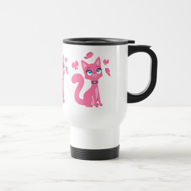 Niedlich Pink Cartoon Katze und Schmetterlinge Tas Reisebecher (Rechts)