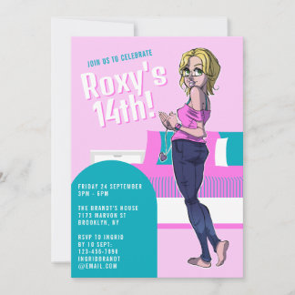 Niedlich Pink Cartoon Teen Girl 14. Geburtstag Einladung