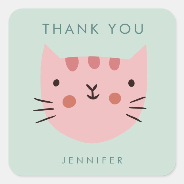 Niedlich Pink Cat Birthday vielen Dank Quadratischer Aufkleber (Vorderseite)