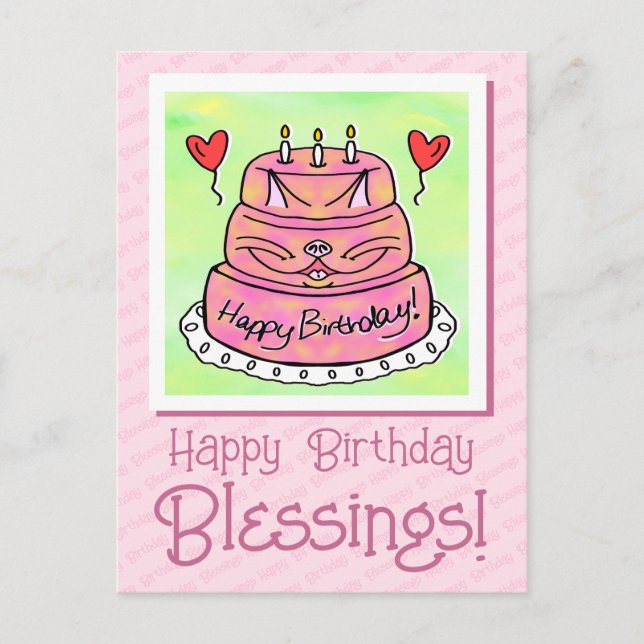 Niedlich Pink Cat Cake Happy Geburtstag Segnungen Postkarte (Vorderseite)