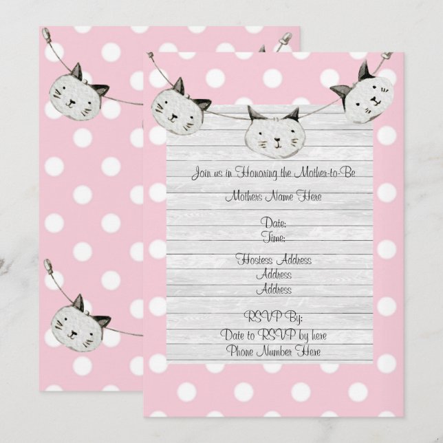 Niedlich Pink Cat Girl Polka Dot Rustikale Babydus Einladung (Vorne/Hinten)