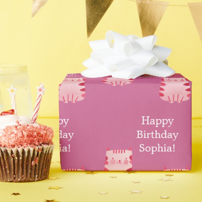 Niedlich Pink Cat Happy Geburtstag Personalisiert Geschenkpapier (Geburtstagsparty)