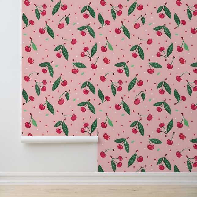 Niedlich Pink Cherries Coquette Muster Wohngestalt Tapete (Anwendung)