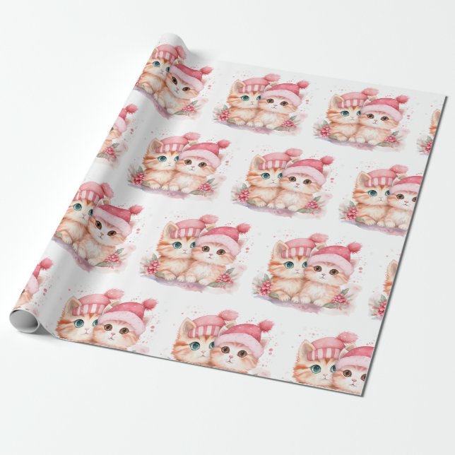 Niedlich Pink Christmas Cat Pattern Geschenkpapier (Ungerollt)