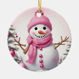 Niedlich Pink Christmas Snowman Keramik Ornament