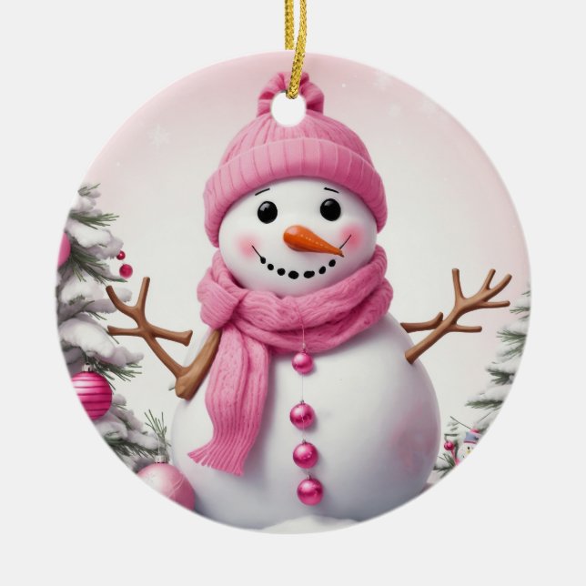 Niedlich Pink Christmas Snowman Keramik Ornament (Vorne)