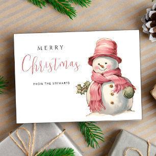 Niedlich Pink Christmas Snowman Modern Holiday Karte