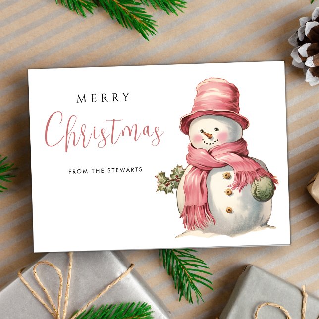 Niedlich Pink Christmas Snowman Modern Holiday Karte (Von Creator hochgeladen)