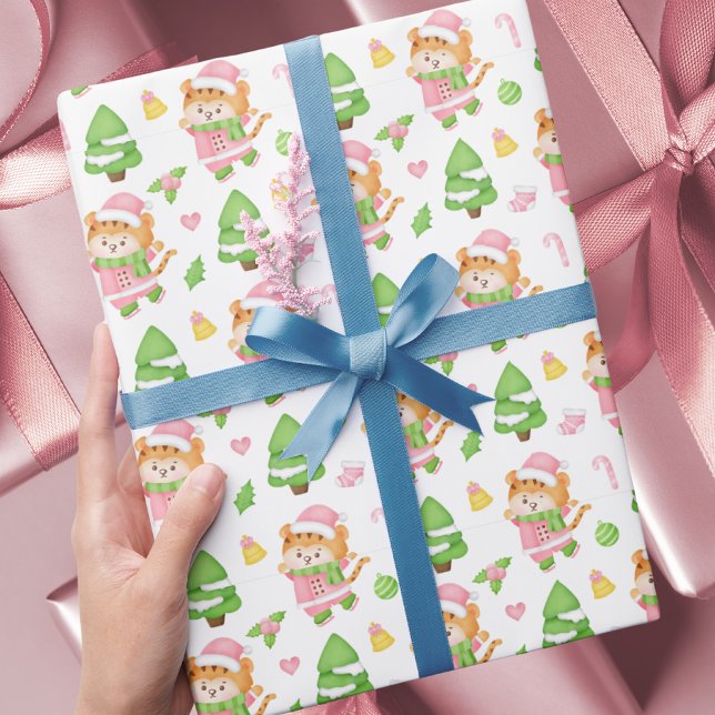 Niedlich Pink Christmas Tigers Kinder Geschenkpapier (Von Creator hochgeladen)