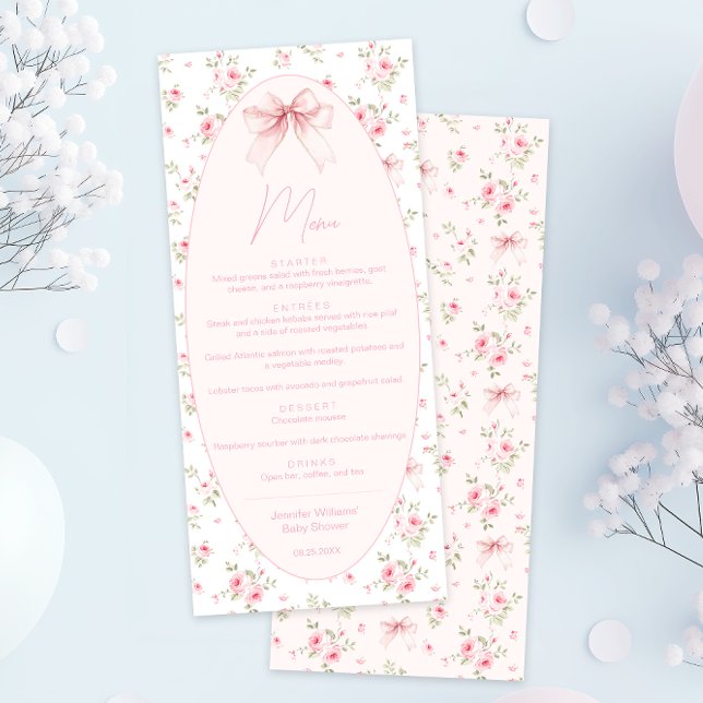 Niedlich Pink Coquette Bow Floral Baby Girl Dusche Menükarte (Von Creator hochgeladen)