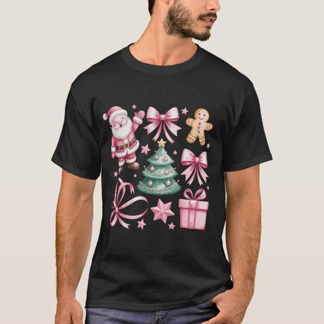 Niedlich Pink Coquette Bow Weihnachtsbaum Weihnach T-Shirt (Vorderseite)