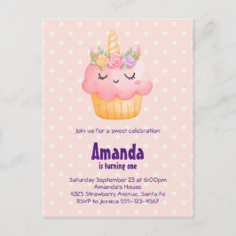 Niedlich Pink Cupcake Einhorn mit Rose Geburtstag Einladungspostkarte