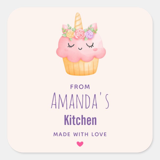Niedlich Pink Cupcake Einhorn mit Rose Küche Quadratischer Aufkleber (Vorderseite)