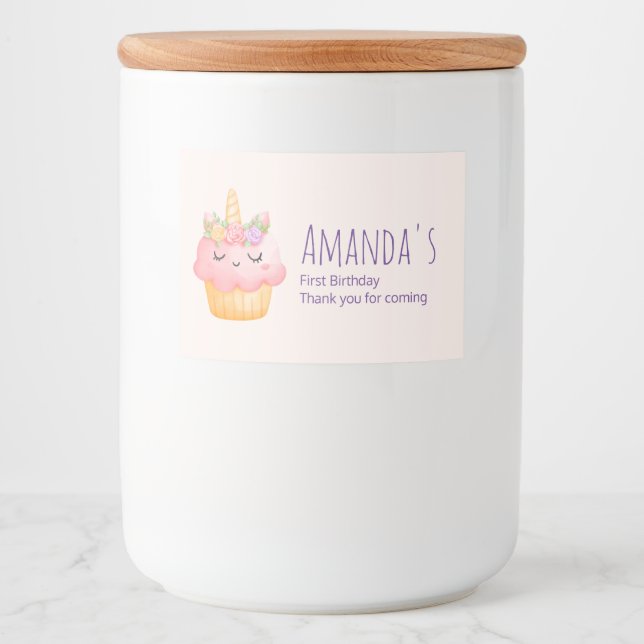 Niedlich Pink Cupcake Einhorn mit Rose Party Lebensmitteletikett (Vorderseite)