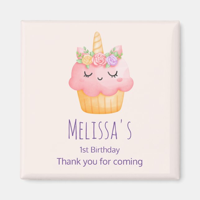 Niedlich Pink Cupcake Einhorn mit Rose Party Magnet (Vorne)