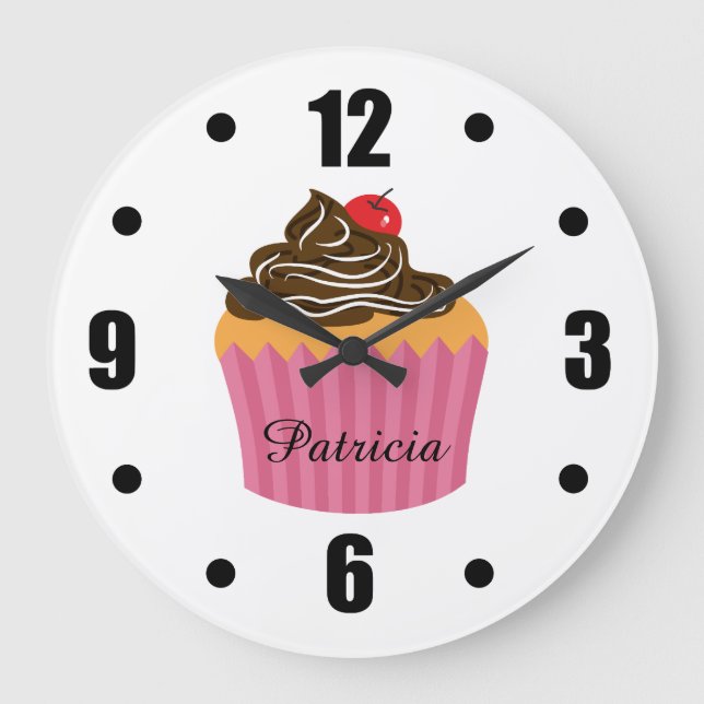 Niedlich Pink Cupcake Personalisierter Name Große Wanduhr (Vorderseite)