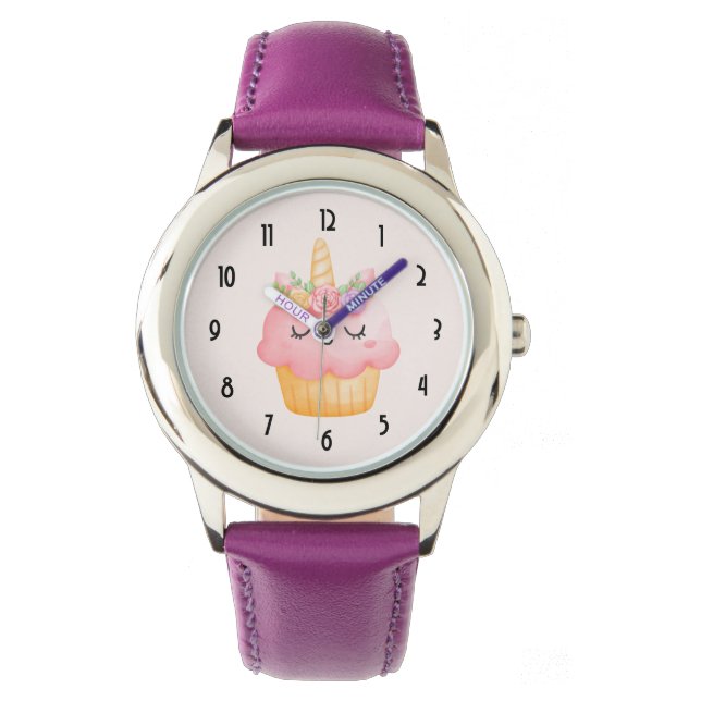 Niedlich Pink Cupcake Unicorn mit Rose Armbanduhr (Vorderseite)