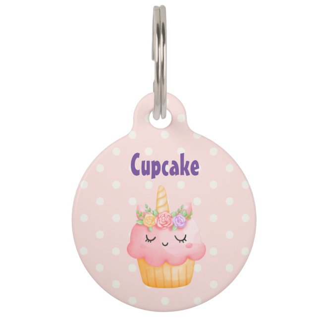 Niedlich Pink Cupcake Unicorn mit Rose Haustiermarke (Vorderseite)