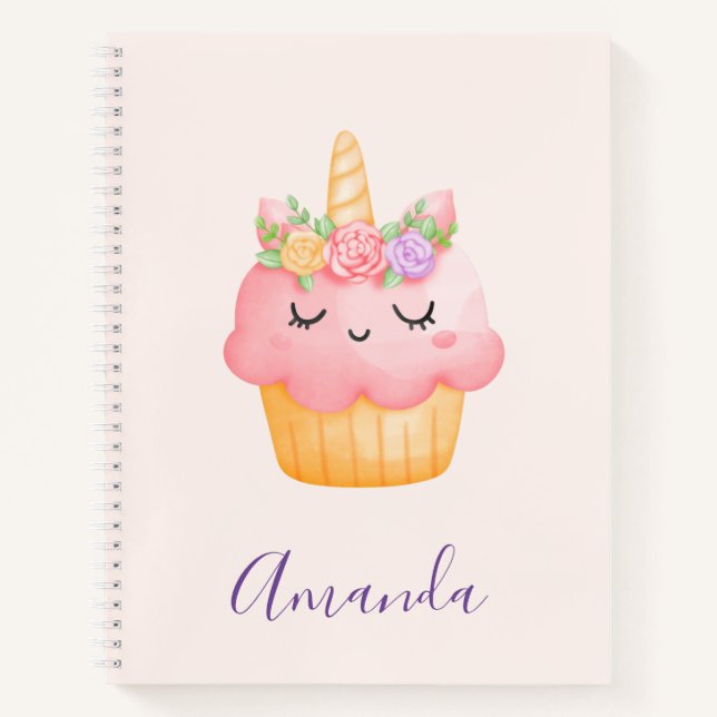 Niedlich Pink Cupcake Unicorn mit Rose Notizbuch (Vorderseite)