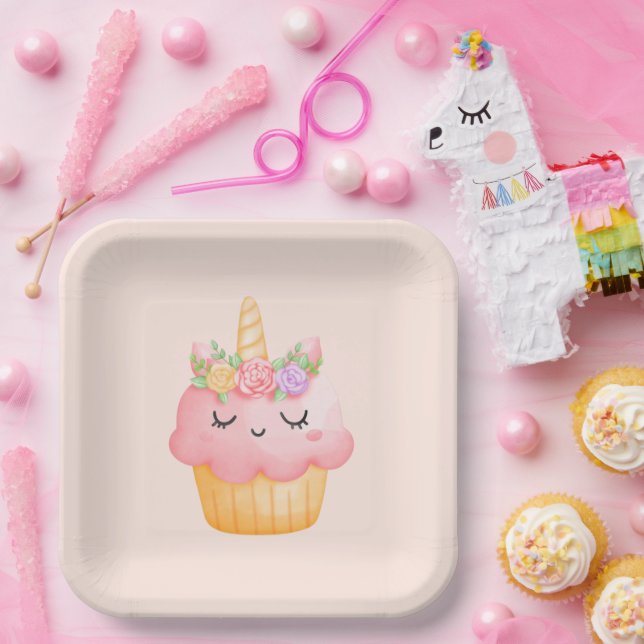 Niedlich Pink Cupcake Unicorn mit Rose Pappteller (Party)